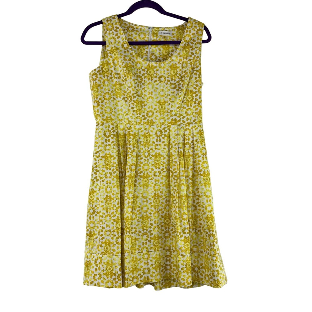 Calvin Klein Sheath Dress Womens Size 6 Yellow Sleeveless Knee Length Round Neck